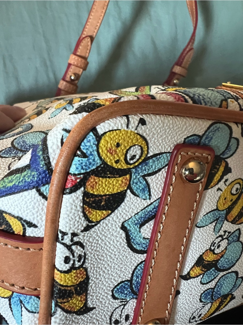 Dooney & Bourke White Bee Print Tote with Tan Trim - Picture 9 of 13